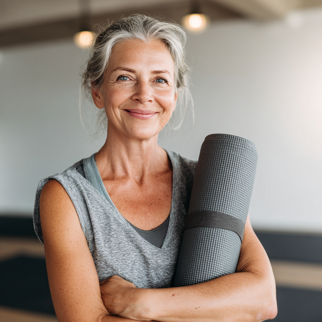 Confident mature woman in activewear smiling while holding yoga mat in bright fitness studio, representing healthy lifestyle for people aged 40-55